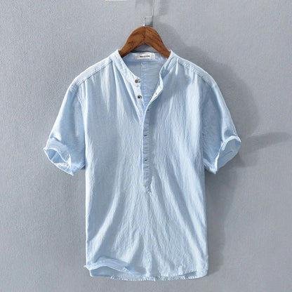Men's Shirt with Short Sleeves – Relaxed Fit – Natural Fibers – Mandarin Collar