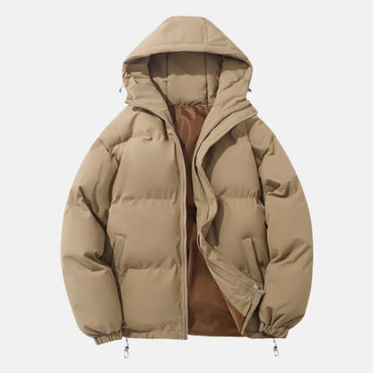 Men’s Puffer Coat - Woven Synthetic - Relaxed Fit - Hip Length - Padded Hood