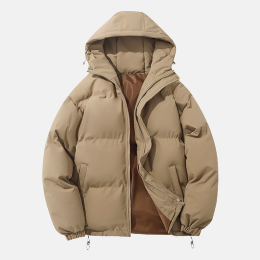 Men’s Puffer Coat - Woven Synthetic - Relaxed Fit - Hip Length - Padded Hood