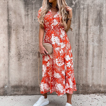 Women's Midi Dress - V-neck - Short Puff Sleeves - Fitted Waist - Floral Print
