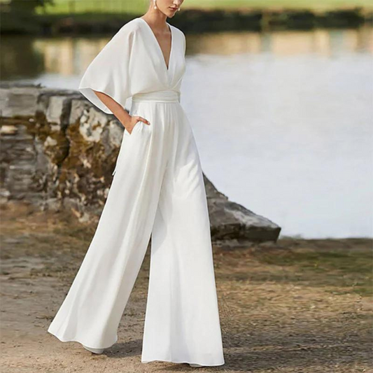Women's Jumpsuit – Relaxed Fit – Deep V-neck – Wide Legs – Breathable Blend