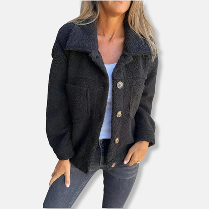 Women's Sherpa Jacket - Soft Fluffy Texture - Relaxed Fit - Button Closure and Pockets