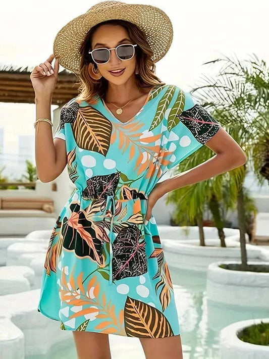 Women's Dress - Short Sleeve A-line - V-neck Adjustable Waist - Light and Breathable