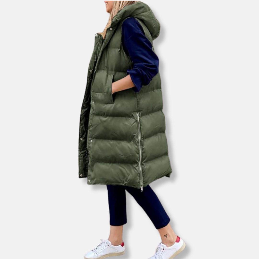 Clara Oversized Long Puffer Vest | Hooded Long Puffer Vest