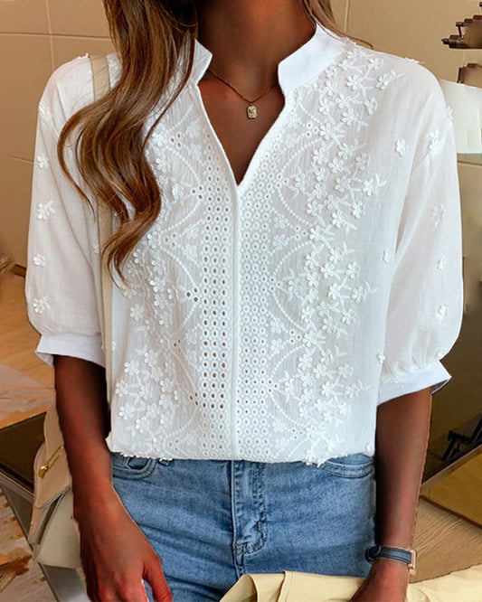 Women's Blouse – Relaxed Fit – Puff Sleeves – Embroidered Floral Detail – Breathable Fabric
