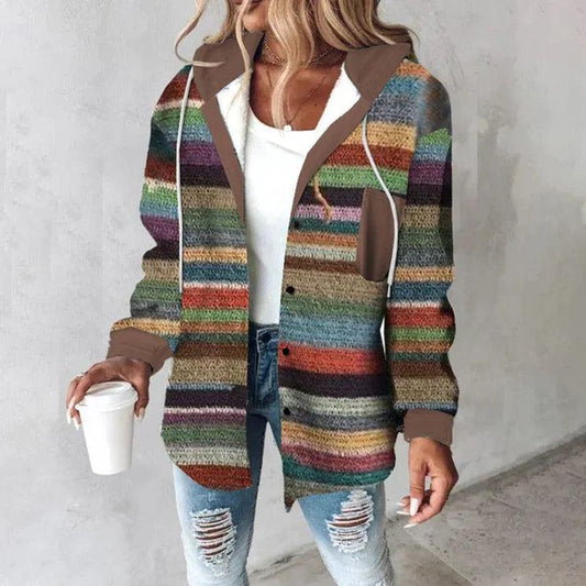 Women's Cardigan with Hood – Knitted – Relaxed Fit – Buttons – Striped Pattern