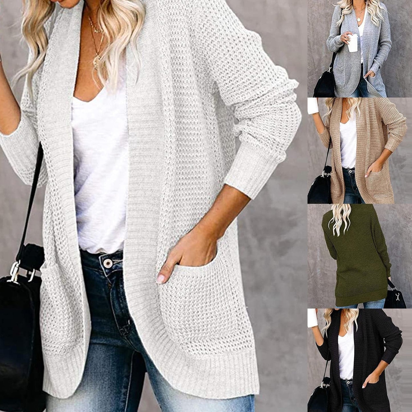 Dame Strikket Cardigan - Mykt Stoff - Åpen Front - Avslappet Passform - Med Lommer