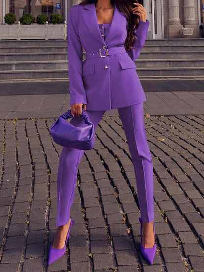 Women's Suit – Tailored Blazer with Belt – Slim Fit Pants – Elegant Formal Look