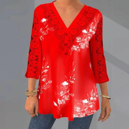 Damebluse - Blomsterprint - Blonder V-hals - 3/4 Ermer - Løs Passform - Knappedetaljer