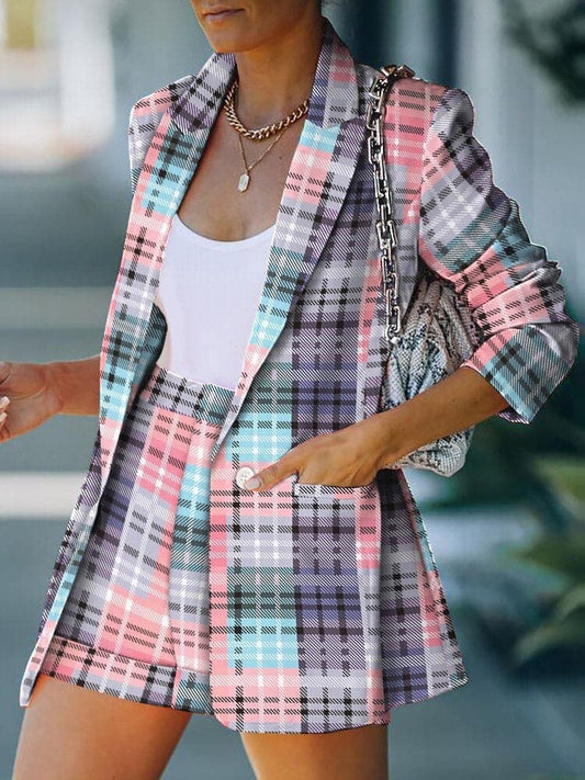 Women's Blazer – Checkered Pattern – Single-Breasted – Oversized Fit – Long-Sleeved