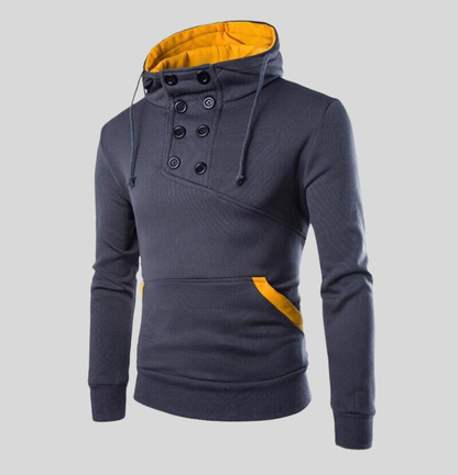 Men's Sweater - Asymmetric Button Front - Drawstring Hood - Ribbed Cuffs