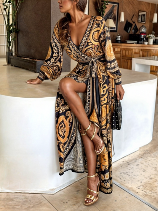 Dress for Women – Maxi Dress – Wrap Design – Bohemian Pattern – Long Sleeves – V-Neck