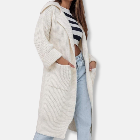 Women's Long Knitted Coat – Wool Blend – Oversized Fit – Hood and Pockets