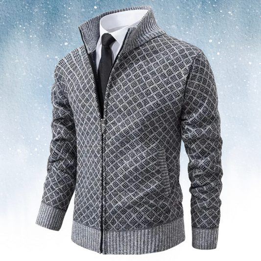 Men's Knitted Cardigan - Zipper - High Collar - Modern Check Pattern - Comfortable Fit