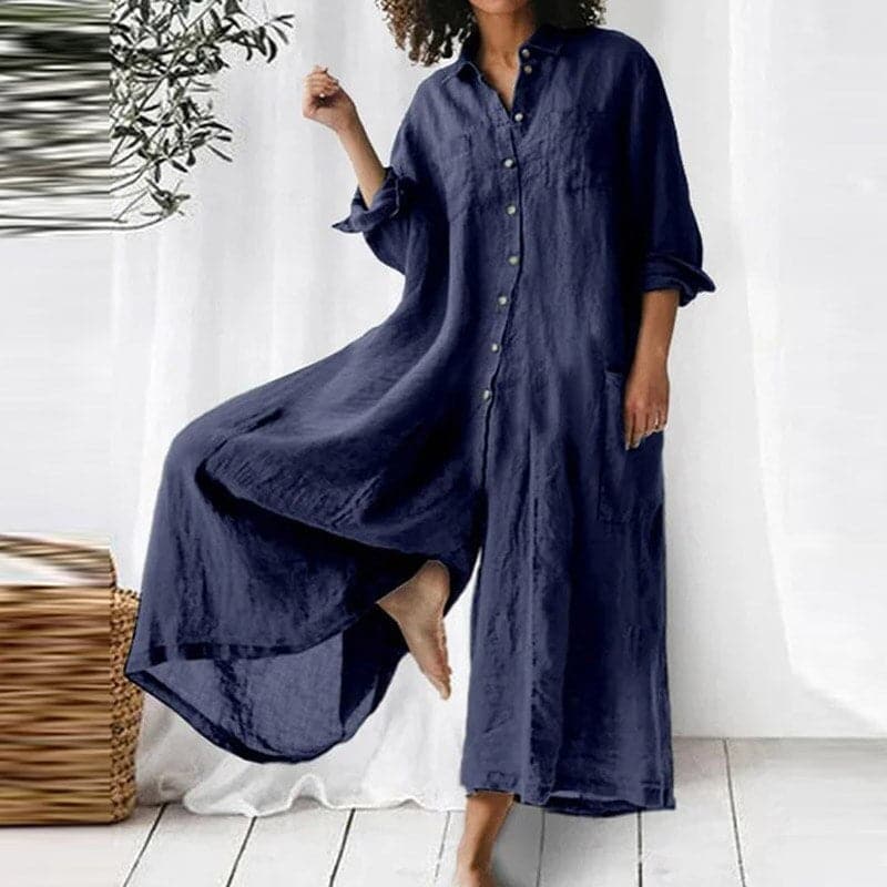 Women's Shirt Dress - Long Loose Fit - Soft Fabric - Buttons and Collar - Casual Style