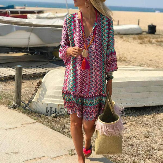 Women's Beach Tunic – Light and Airy – V-neck – Long-sleeved – Bohemian Style