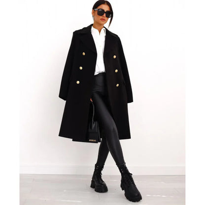 Women's Long Coat – Wool Blend – Tailored – Double-Breasted with Wide Lapels