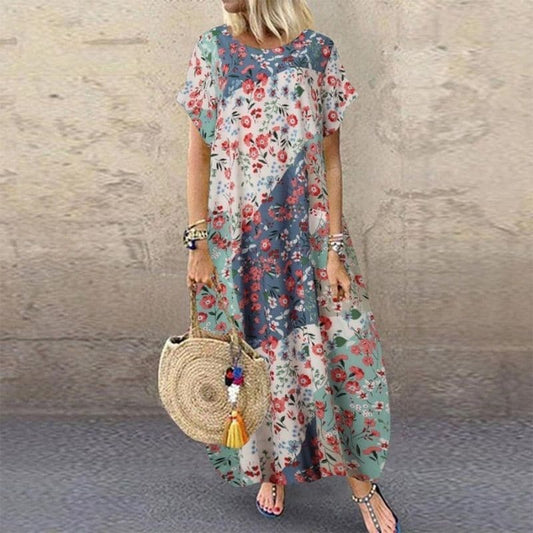 Women's Maxi Dress - Bohemian Style - Loose Fit - Short Sleeves - Breathable Fabric
