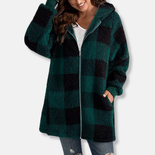 Women's Hoodie – Oversized Fit – Checkered Pattern – Soft Knit – Full Zipper