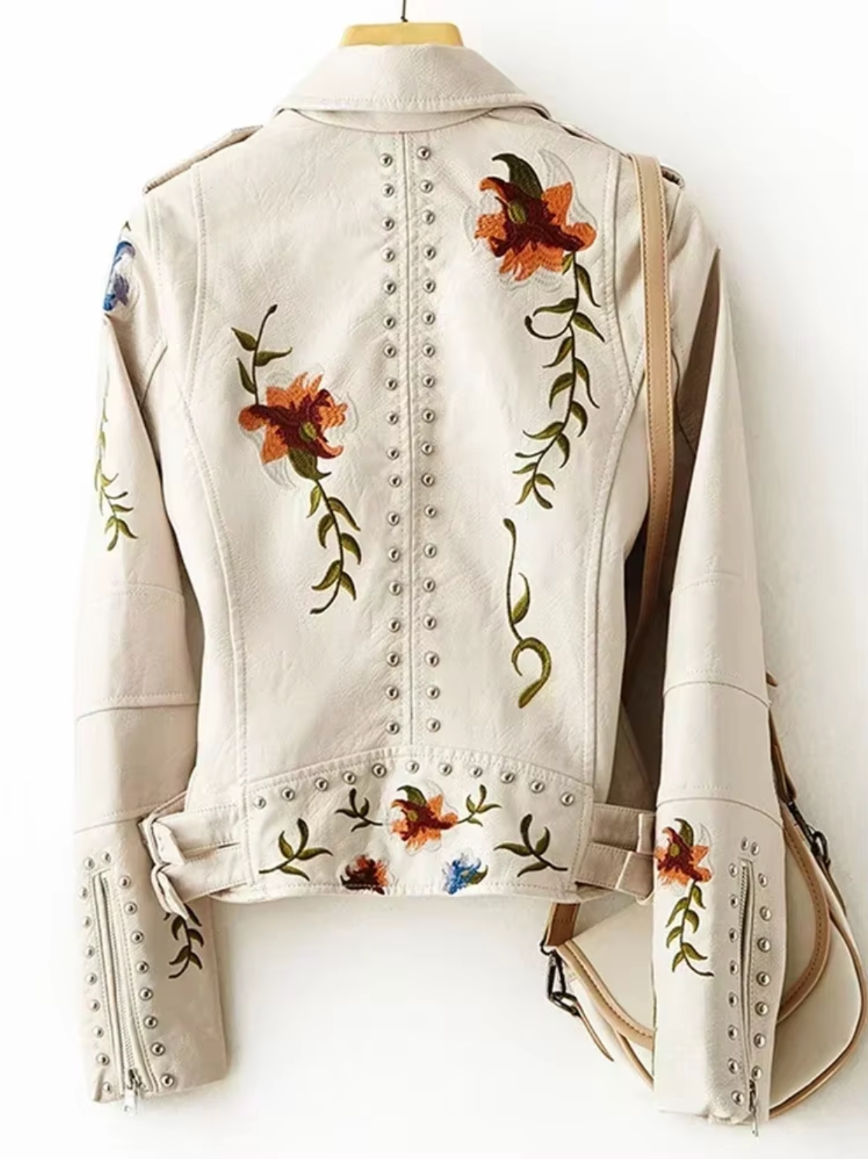 Women's Leather Jacket – Tailored Fit – Embroidered Flowers – Studded Biker Style