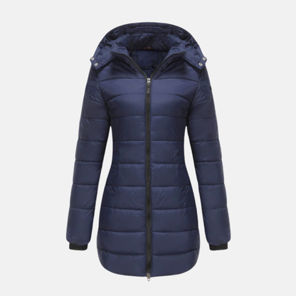 Women’s Puffer Coat - Mid-Thigh Length - Hooded - Two-Way Zipper