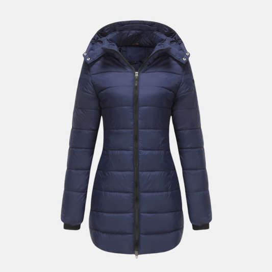 Women’s Puffer Coat - Mid-Thigh Length - Hooded - Two-Way Zipper