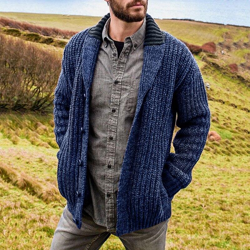 Herre Cardigan - Tykk Strikk - Åpen Front - Ribbestrikket med Sjal Krage - Komfortabel Passform