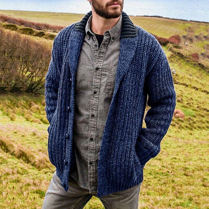 Herre Cardigan - Tykk Strikk - Åpen Front - Ribbestrikket med Sjal Krage - Komfortabel Passform