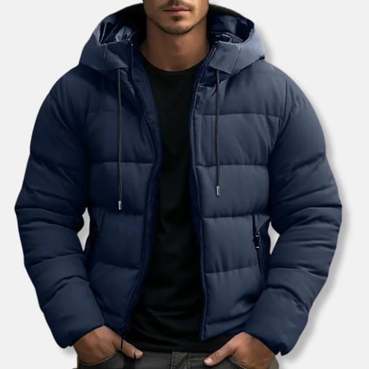 Men’s Puffer Jacket - Quilted - Hooded - Zip Closure - Hip Length