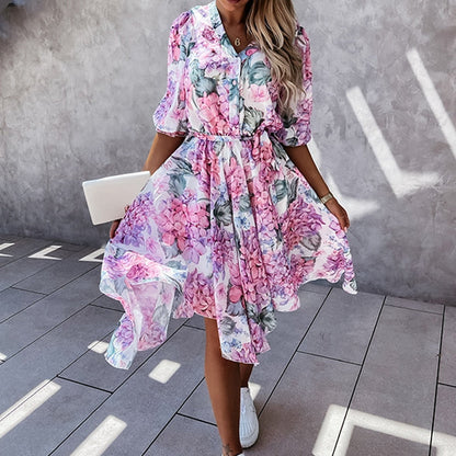 Women's Midi Dress – A-line Fit – V-neck – Short Sleeves – Floral Pattern