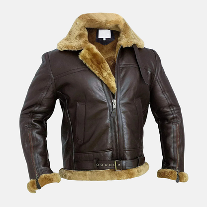 Men's Bomber Jacket – Leather – Oversized Fit – Shearling Lining – Buckle Collar