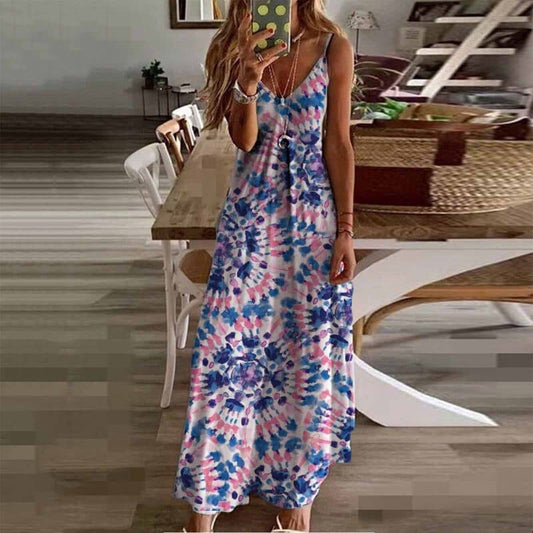 Maxi Dress for Women – V-Neck – Thin Straps – Flowing Fit – Bohemian Tie-Dye