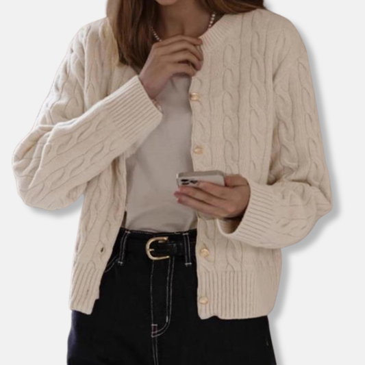 Rose Wool Cable Knit Cardigan | Cropped Crewneck Cardigan