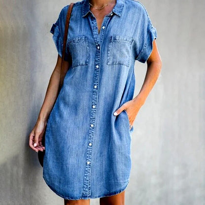 Women's Shirt Dress – Soft Denim – Short Sleeves – Casual Fit – Button Closure