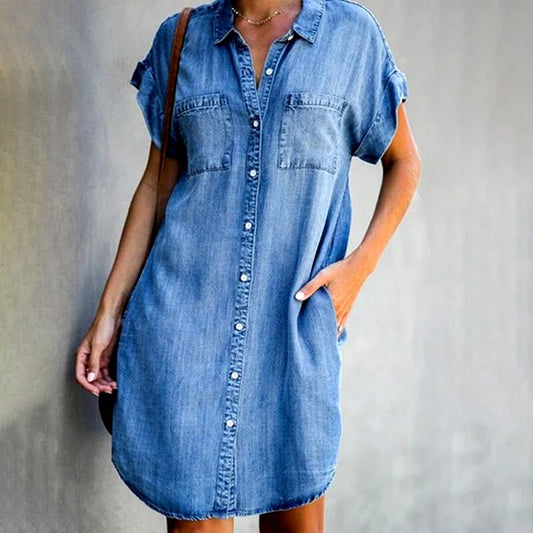 Women's Shirt Dress – Soft Denim – Short Sleeves – Casual Fit – Button Closure