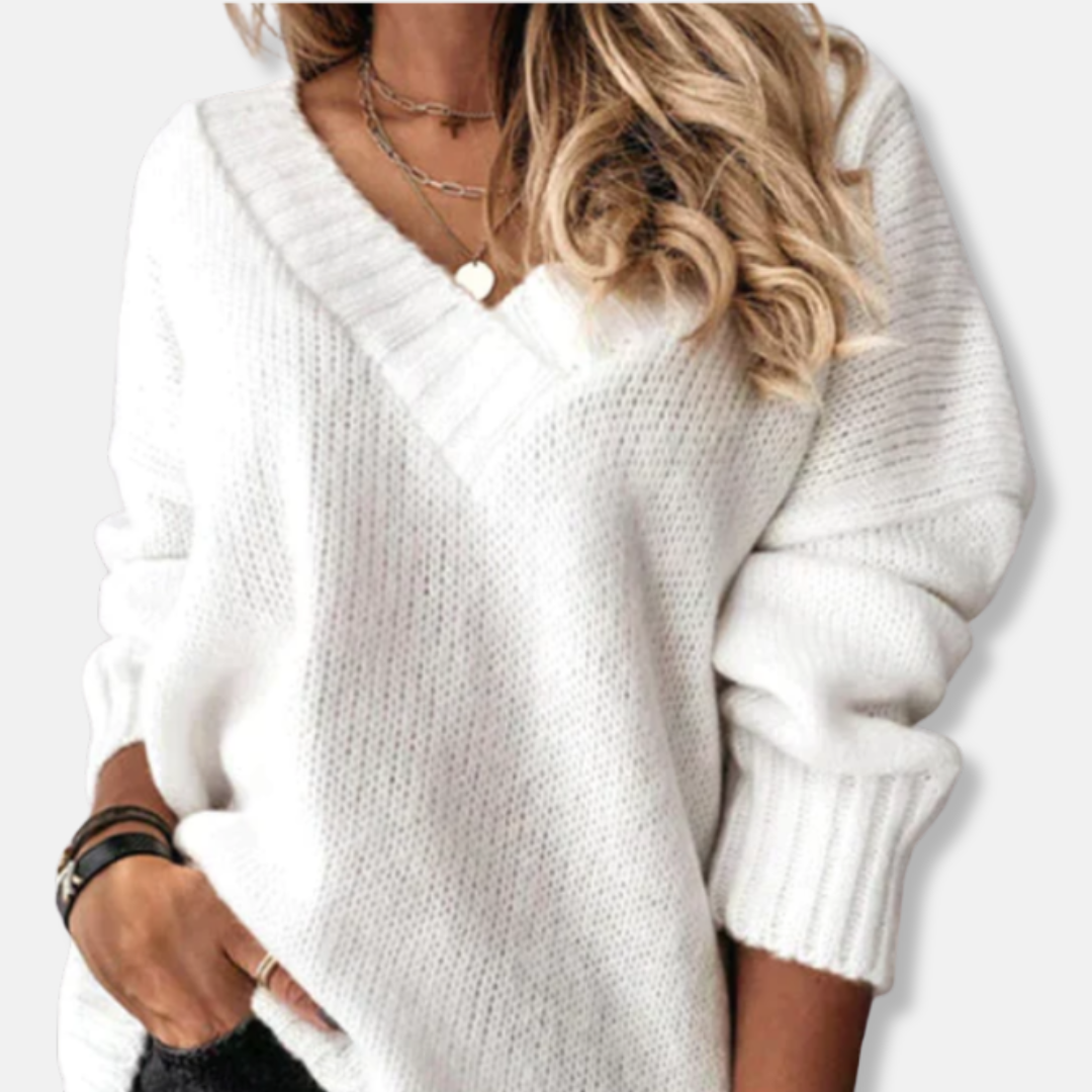 Imogen Wool V-Neck Sweater | Relaxed Fit Ribbed Trim Sweater