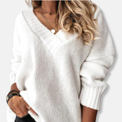 Imogen Wool V-Neck Sweater | Relaxed Fit Ribbed Trim Sweater
