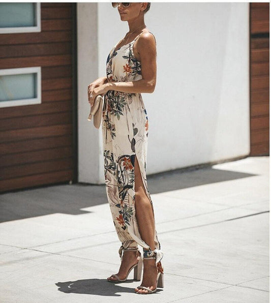 Woman Maxi Dress - Floral Pattern - V-neck - Thin Straps - Light and Elegant