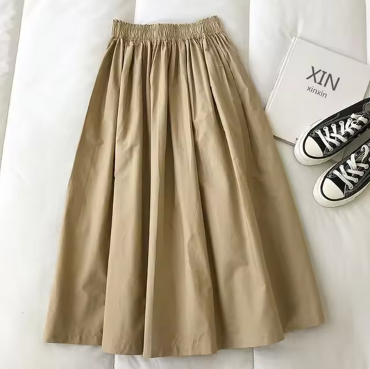 Women's Midi Skirt – High Waist – Loose Fit – Breathable Fabric – Pleated Design