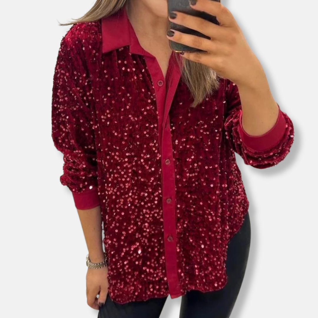 Women's Shirt – Sequins – Relaxed Fit – Classic Collar – Party Outfit