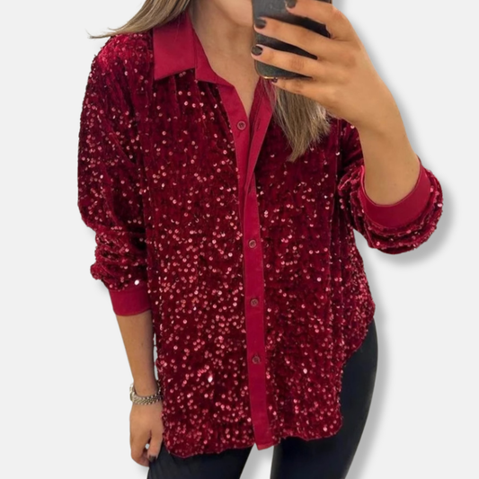 Women's Shirt – Sequins – Relaxed Fit – Classic Collar – Party Outfit