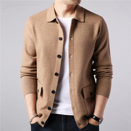 Herre Cardigan - Strikket Ullblanding - Slim Fit - Knappestolpe & Krage - Lommer