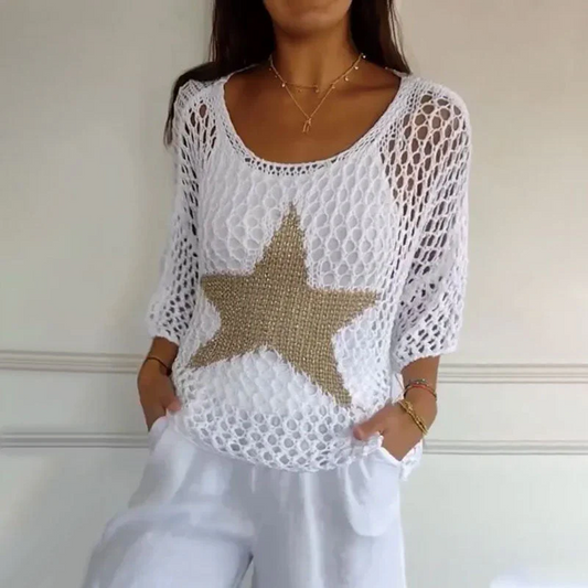 Women's Crop Top – Open-Knit Mesh – Relaxed Fit – 3/4 Sleeve – Star Motif