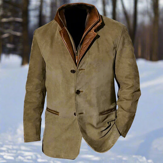 Herre Frakk - Semsket Look med Skinn Detaljer - Strukturert Passform - Knappelukking