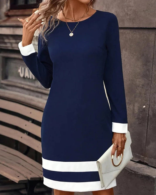 Dress for Women – Knee-Length – Tailored Fit – Long Sleeves – Elegant Contrast Detail