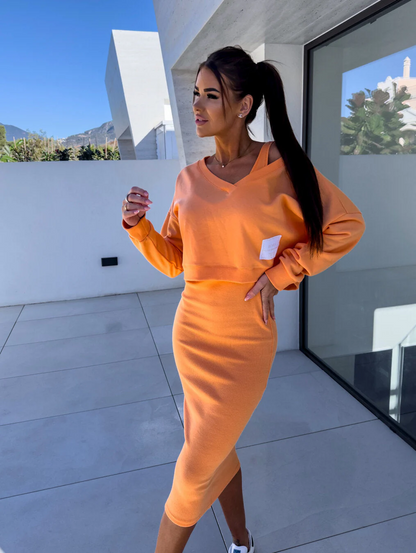 Women's Sweatshirt Dress Set – Soft Knit – V-Neck – Midi Pencil Skirt – Relaxed Fit