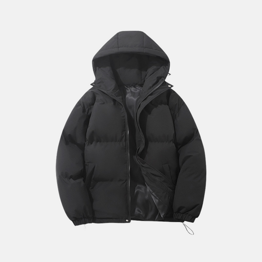 Men’s Puffer Coat - Woven Synthetic - Relaxed Fit - Hip Length - Padded Hood