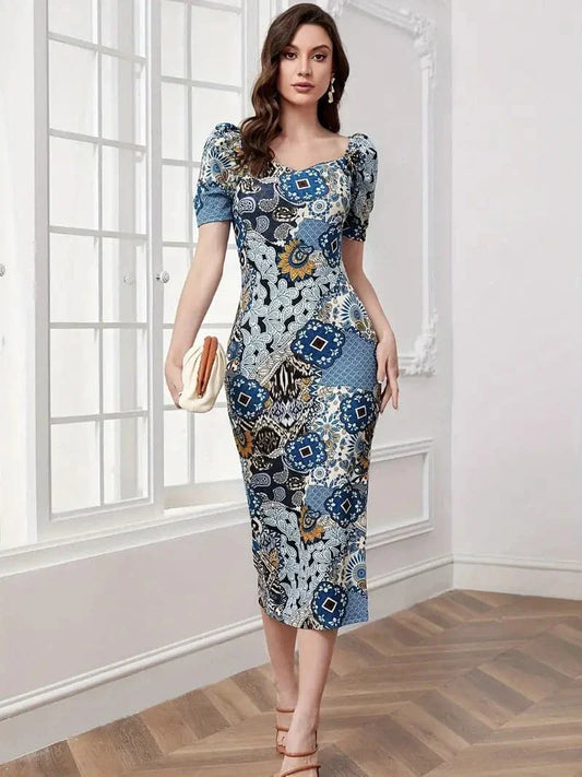 Women's Fitted Midi Dress – Square Neckline – Short Puff Sleeves – Elegant Pattern