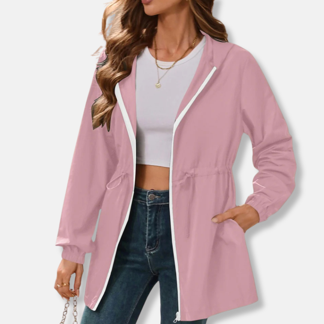 Women's Rain Jacket – Water-Repellent Lightweight Fabric – Adjustable Waist – Hood – Zipper