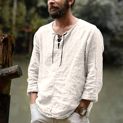 Men's Shirt - Light and Breathable - Relaxed Fit - Henley Neck with Lacing - Long Sleeves
